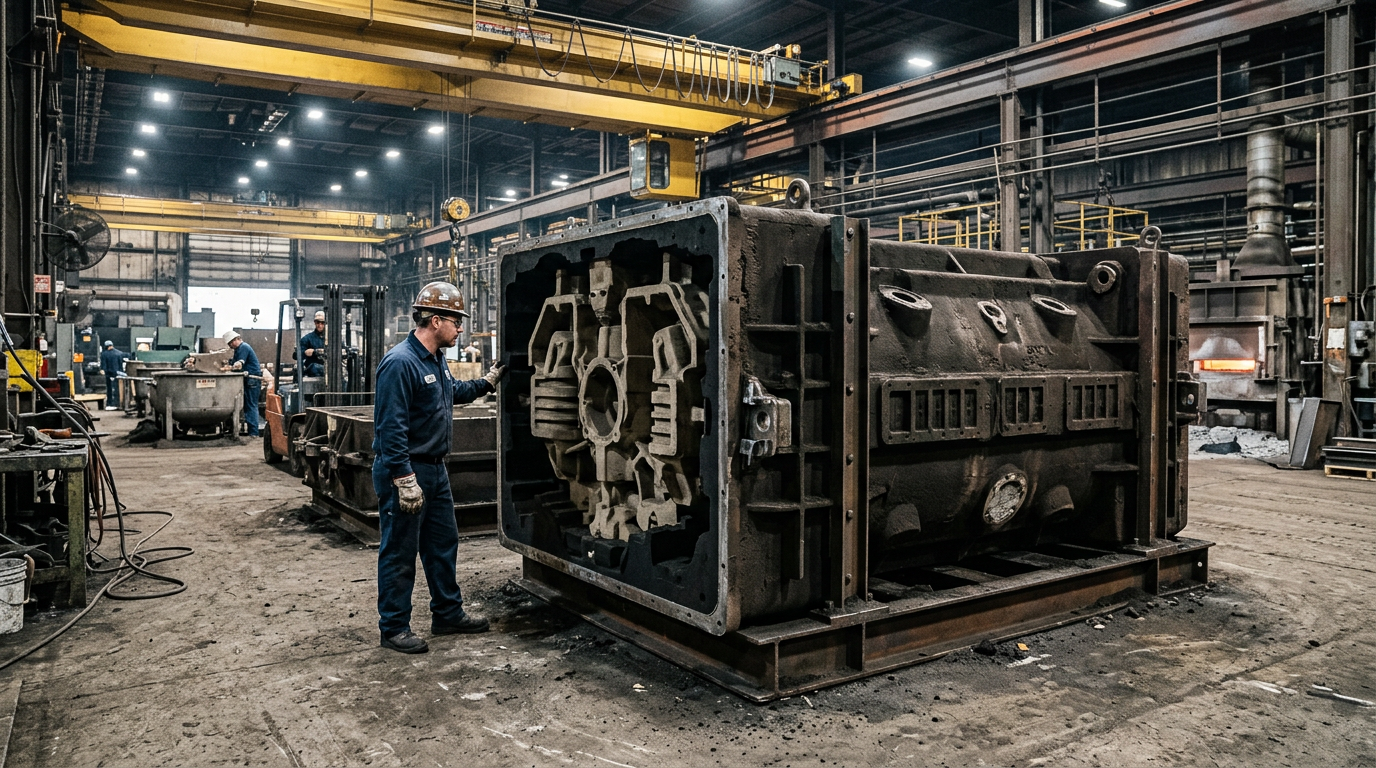 Sand Casting Mold Types and When to Use Each One 2 Large no-bake chemically bonded sand casting mold with intricate cores assembled on foundry floor