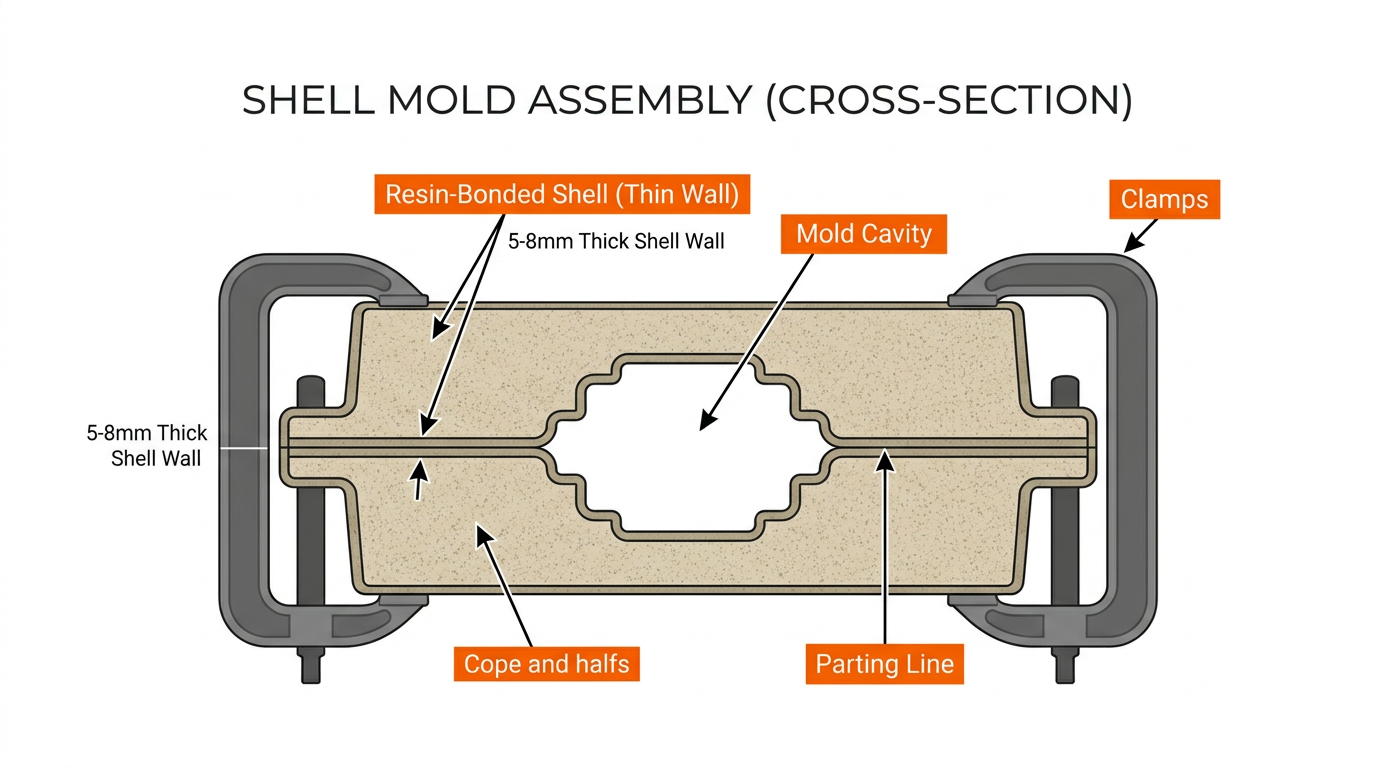 Sand Casting Mold Types and When to Use Each One 3 Cross-section diagram of shell mold type used in sand casting showing two thin resin-bonded halves joined at parting line
