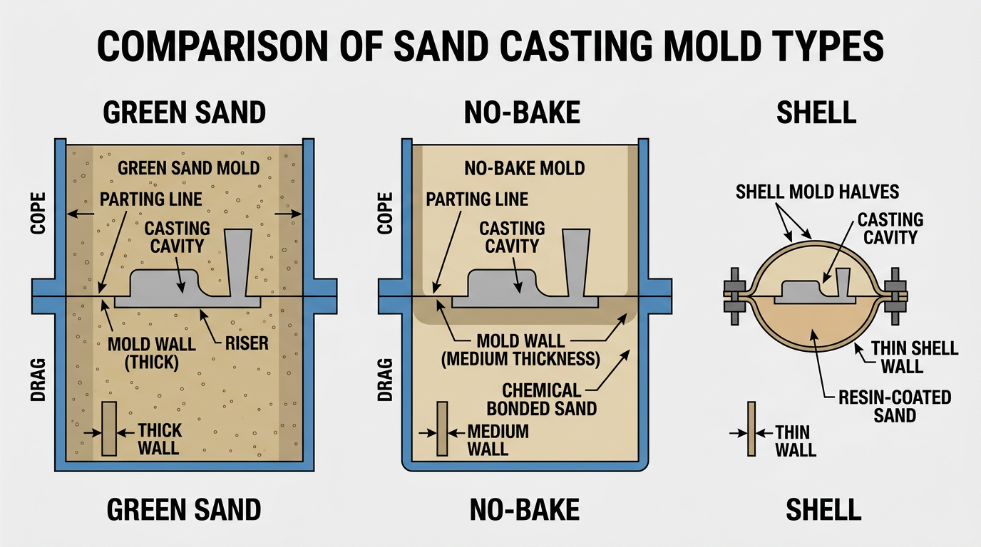 Sand Casting Mold Types and When to Use Each One 4 Side-by-side comparison diagram of three sand casting mold types showing relative size and wall thickness differences