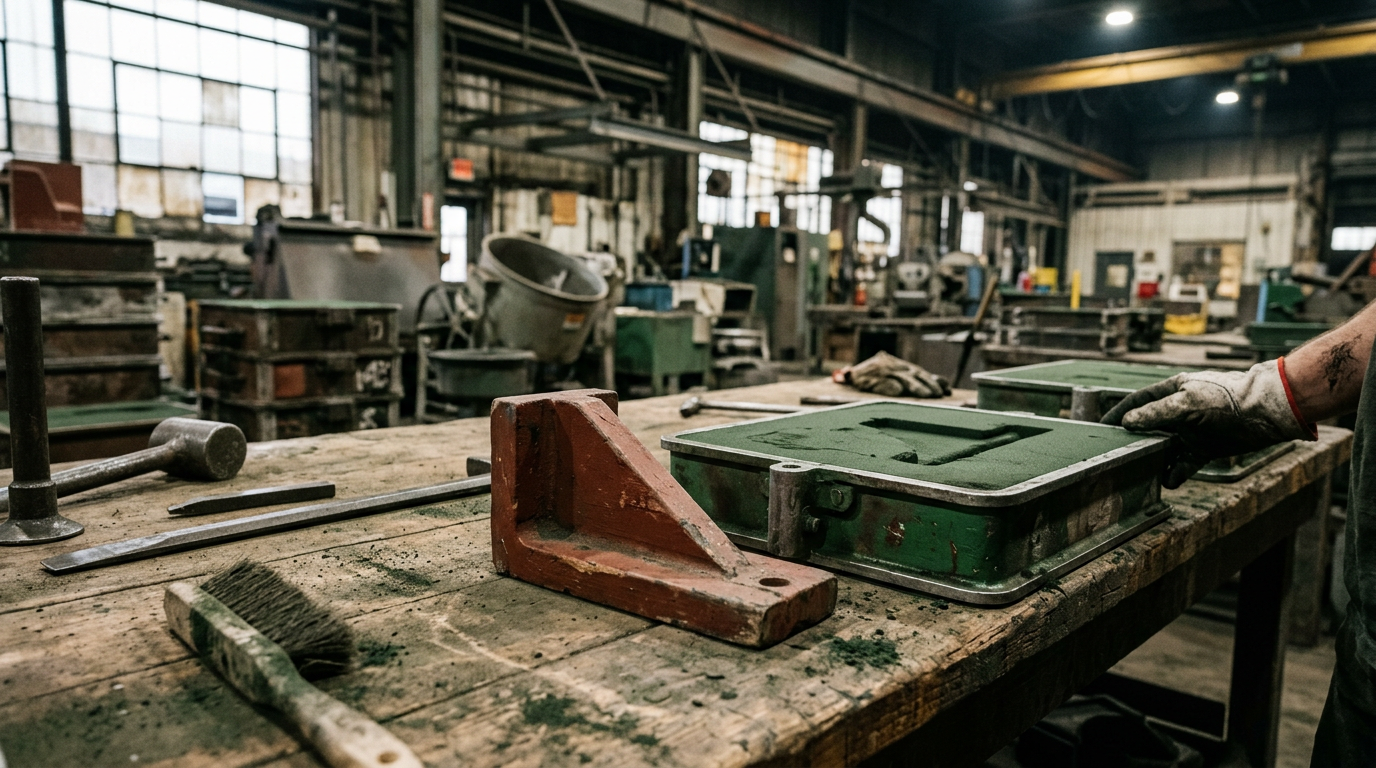 Wooden single-piece sand casting pattern with flat parting surface next to its green sand mold