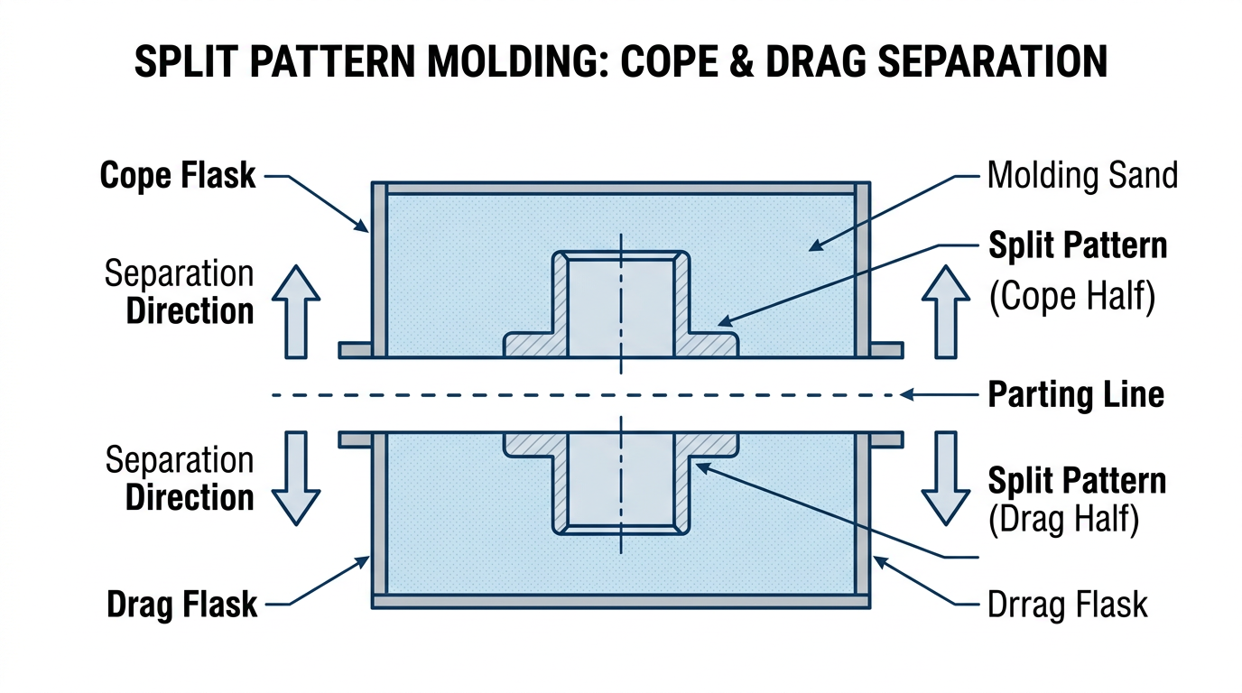 Diagram showing sand casting split pattern separated into cope and drag halves along the parting line