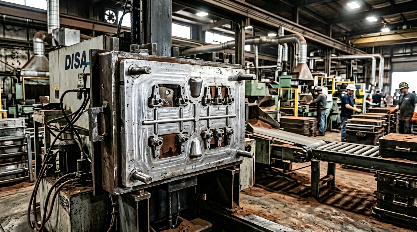 Aluminum match plate sand casting pattern with both halves mounted for automated molding line production