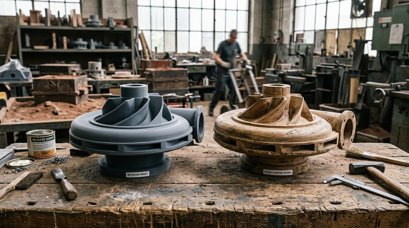 3D printed resin sand casting pattern next to a traditional wooden pattern showing modern versus conventional pattern types