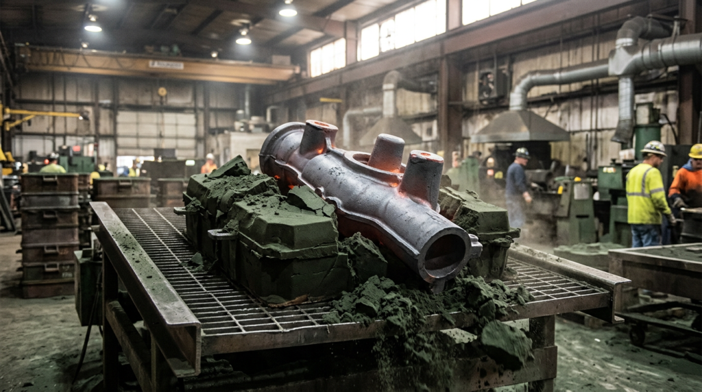 Sand casting permanent mold comparison — expendable sand mold breaking apart during shakeout to reveal a solidified metal casting