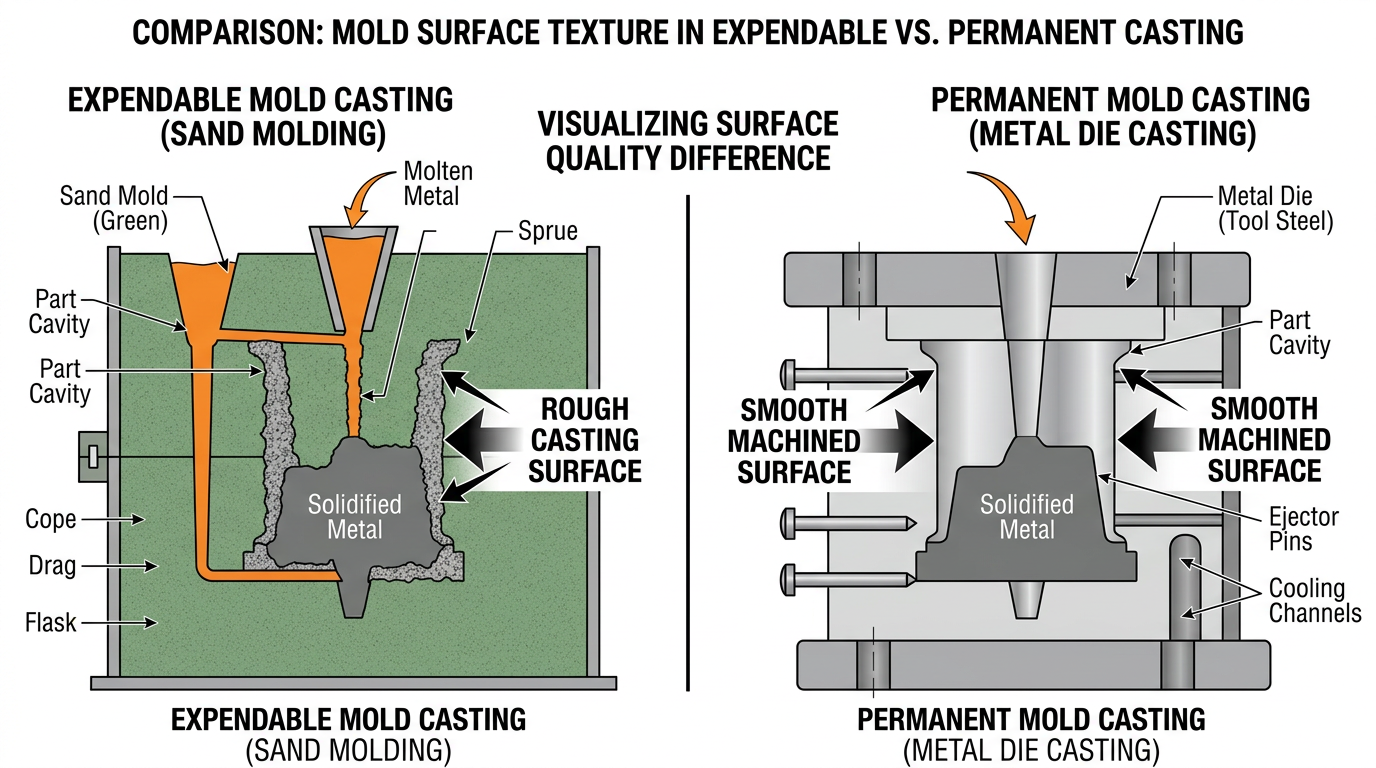 Diagram comparing sand casting expendable mold cavity surface against permanent mold die cavity for tolerance and finish differences