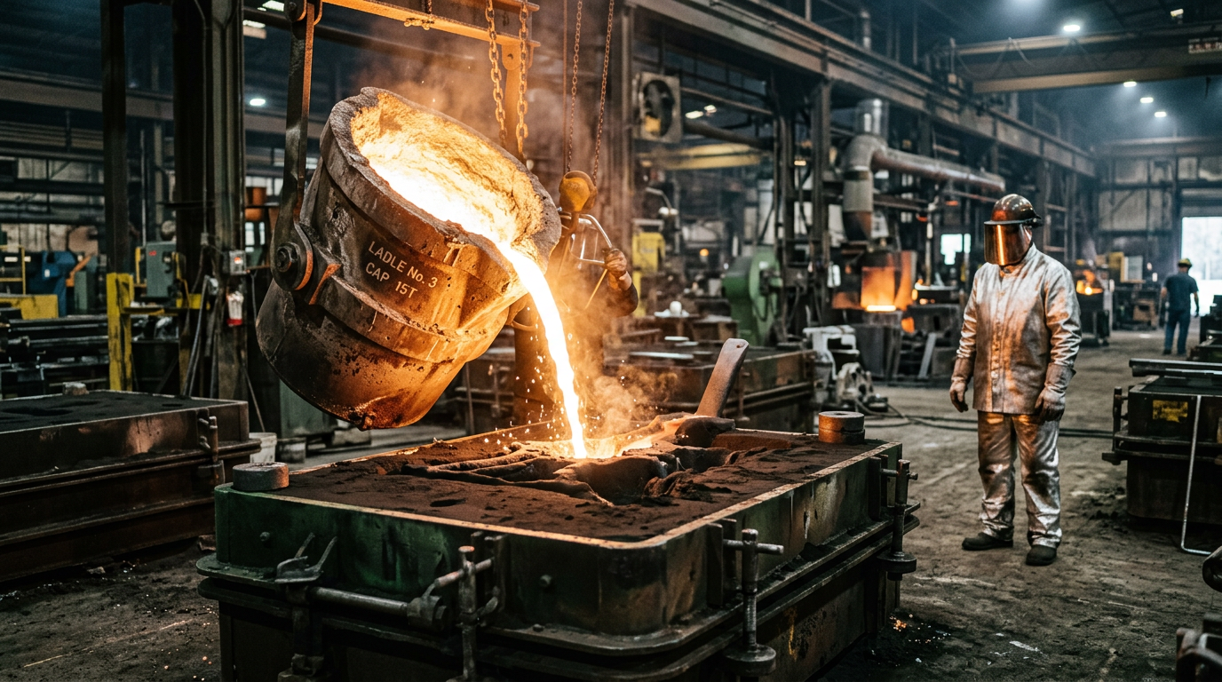 Molten steel pouring into sand casting mold at temperatures too high for permanent mold dies to survive
