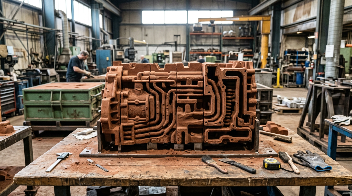 Complex sand core assembly for sand casting showing internal passages that permanent mold casting cannot achieve