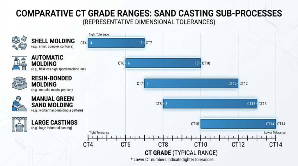 Sand casting tolerances by process type showing CT grade ranges from CT8 shell molding to CT14 large castings