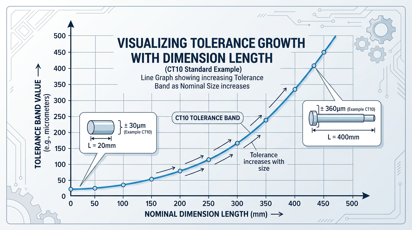 CT10 sand casting tolerances plotted against dimension length showing non-linear relationship from ISO 8062-3