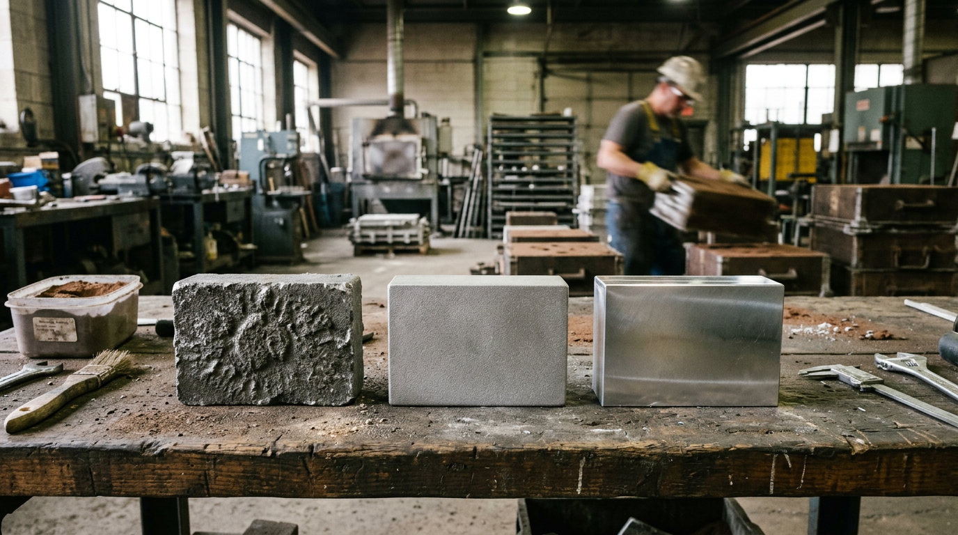 Sand casting surface finish comparison showing rough green sand, smooth resin-bonded, and fine shell-molded cast surfaces