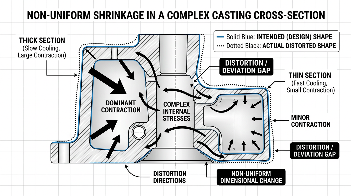 Non-uniform shrinkage in sand casting showing geometry-dependent distortion where thick and thin sections contract at different rates
