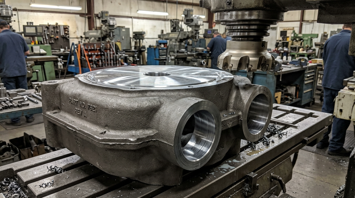 Sand casting with as-cast and machined surfaces showing tolerance improvement on bearing bores and mating faces