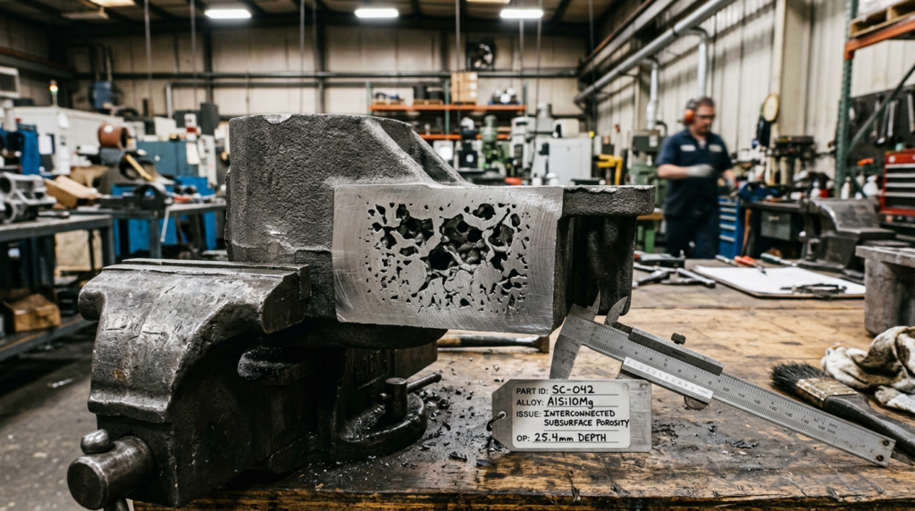 Machined sand casting cross-section showing subsurface porosity exposed during quality control inspection