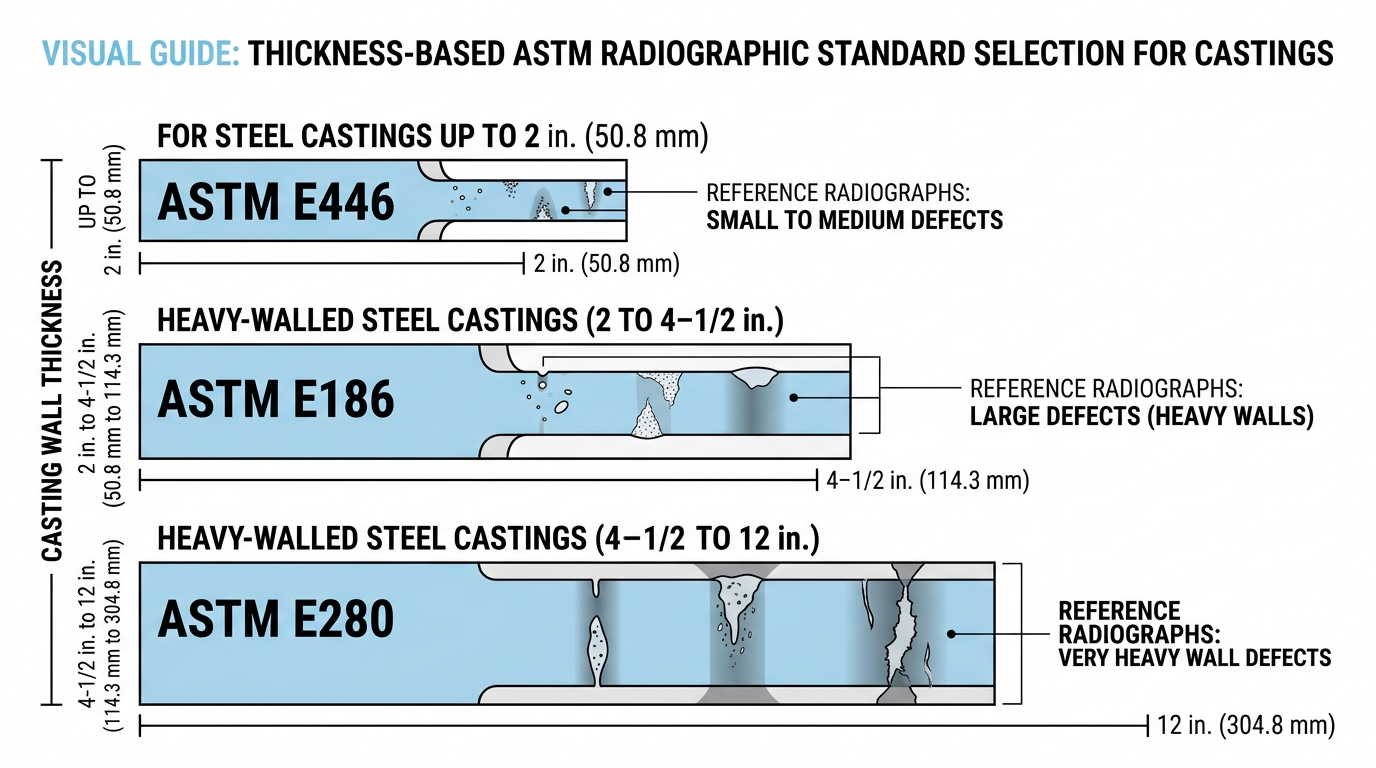 Contrôle qualité des pièces moulées en sable : quoi spécifier, inspecter et accepter 3 Diagramme cartographiant les plages d'épaisseur de paroi des pièces moulées en sable aux normes de contrôle qualité radiographique ASTM