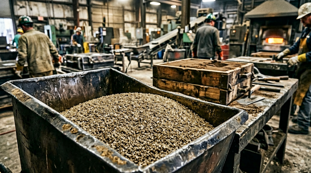 Silica sand grains used in sand casting, showing the sub-angular grain shape typical of foundry-grade silica