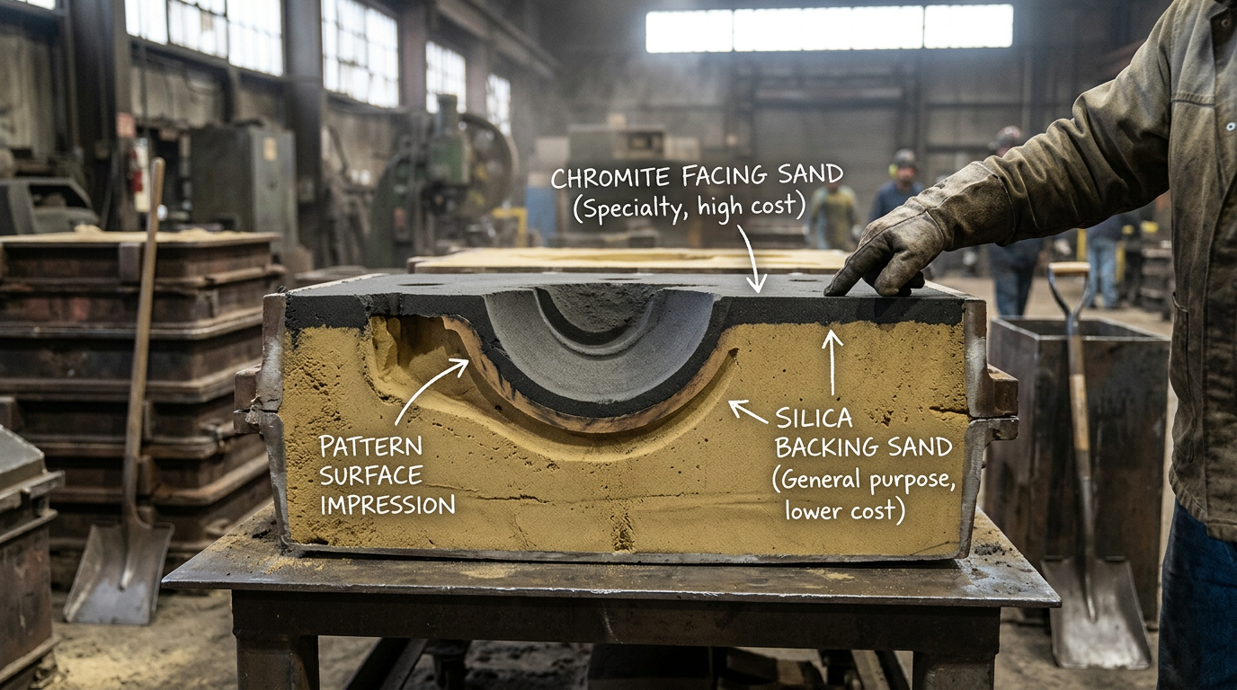 Types of Sand Used in Sand Casting 2 Cross-section of a sand casting mold showing dark chromite facing sand layered over lighter silica bulk sand
