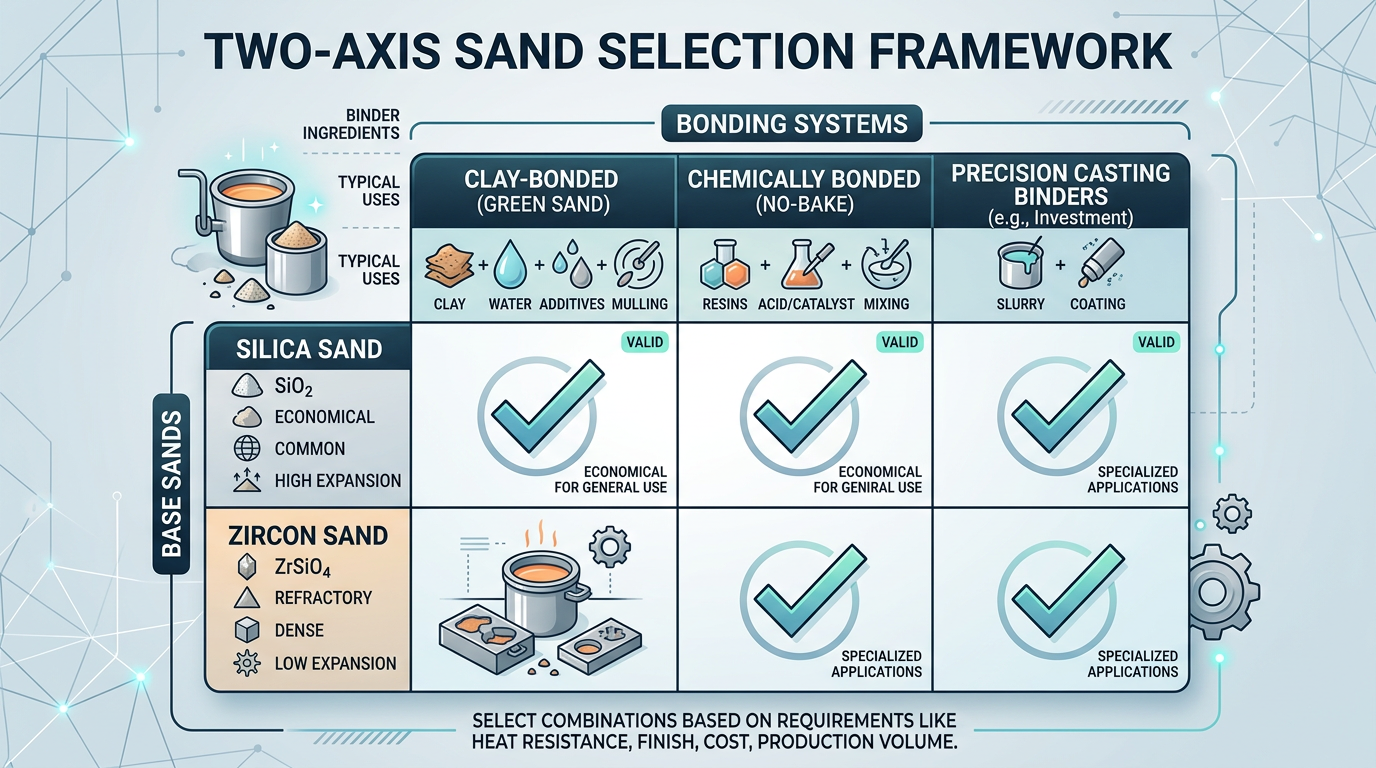 Types of Sand Used in Sand Casting 3 Sand casting selection matrix showing base sand types on one axis and bonding systems on the other as independent decisions