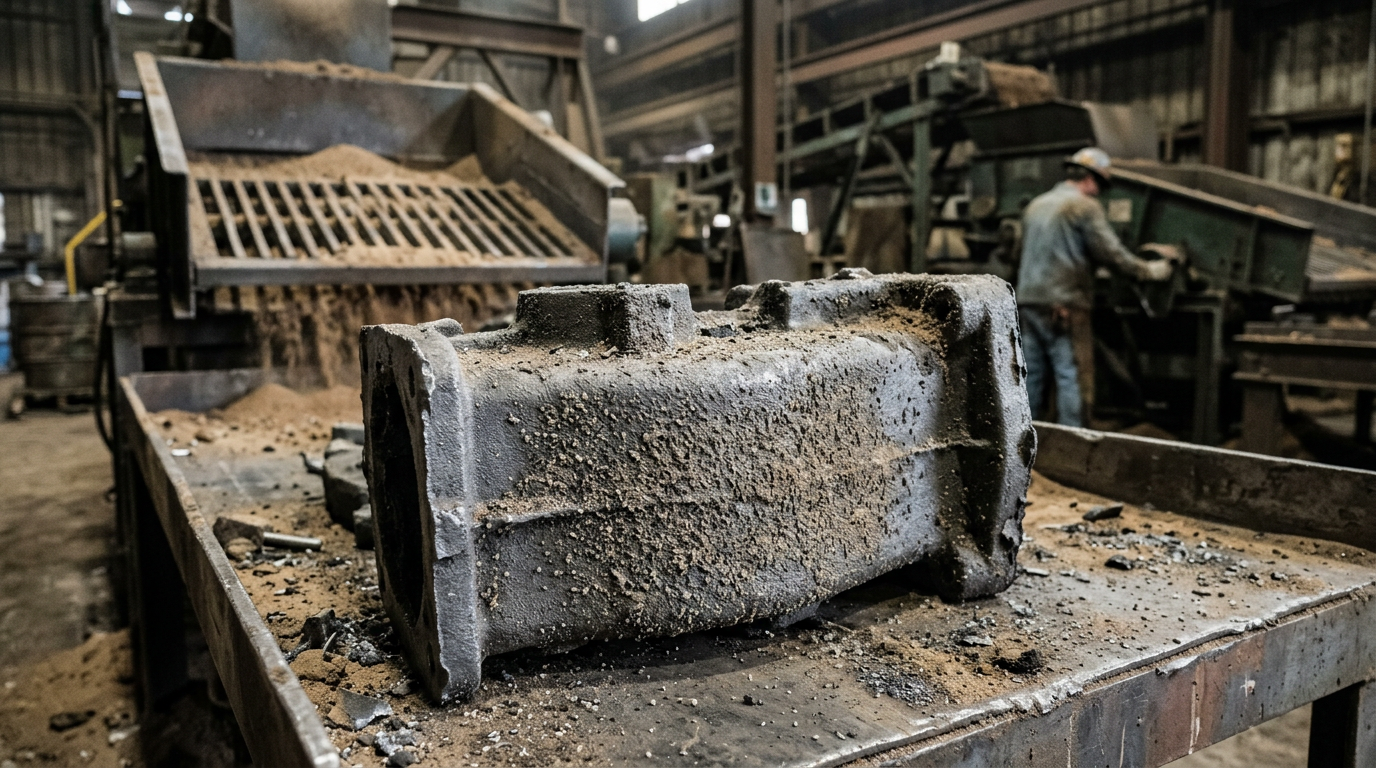 Why Sand Casting Surface Finish Is Rough and How to Improve It 1 Rough sand casting surface finish showing grain imprint texture and partially fused sand particles after shakeout