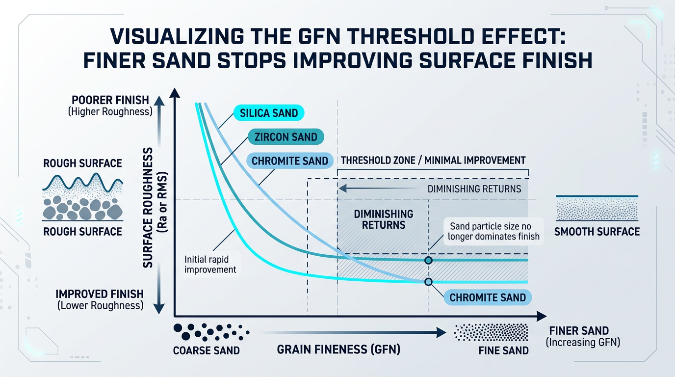 Why Sand Casting Surface Finish Is Rough and How to Improve It 2 Diagram showing sand casting surface finish improvement plateaus at specific GFN thresholds for silica, chromite, and olivine sands