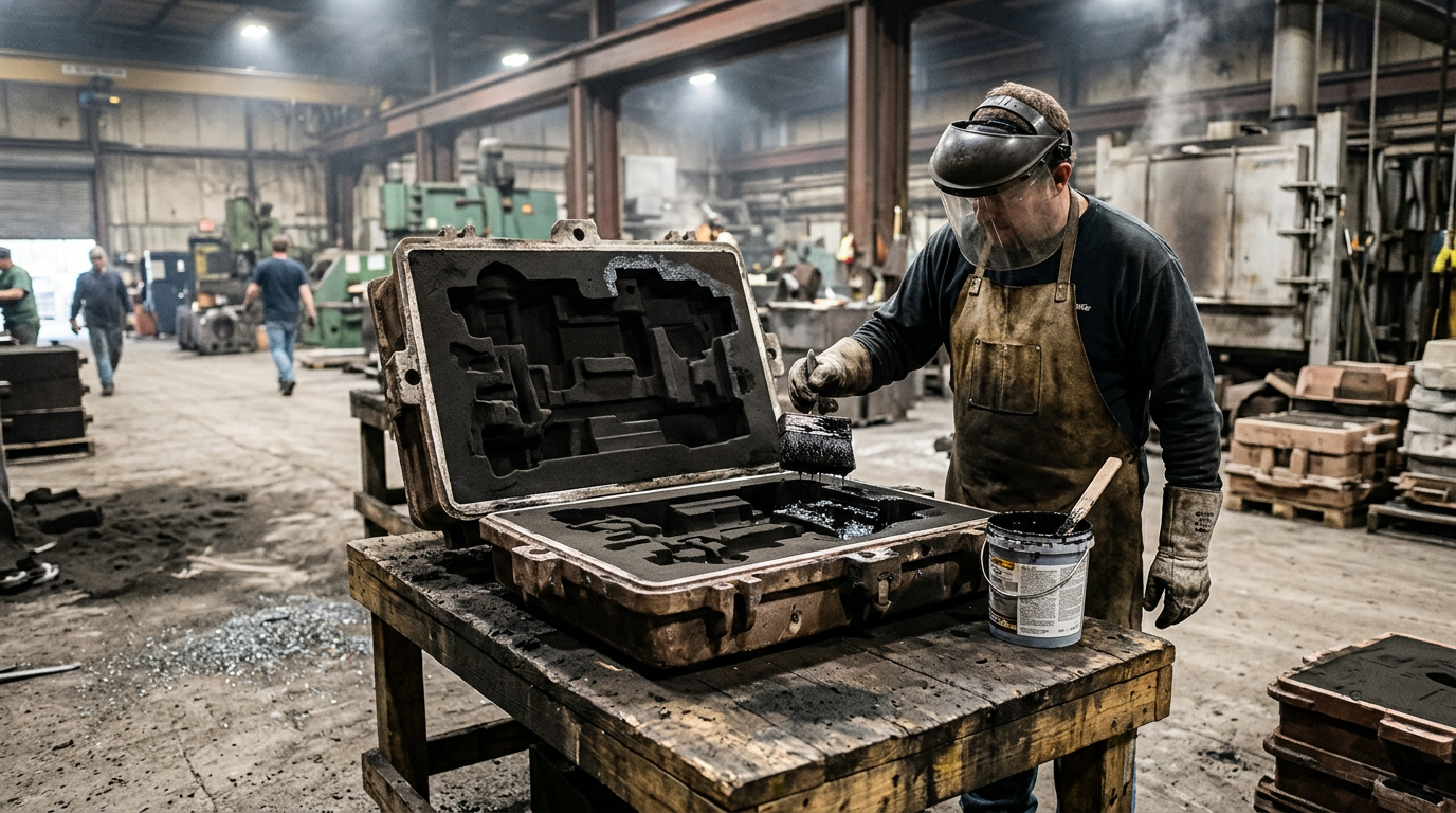 Why Sand Casting Surface Finish Is Rough and How to Improve It 3 Foundry worker applying refractory coating to sand mold cavity to improve sand casting surface finish
