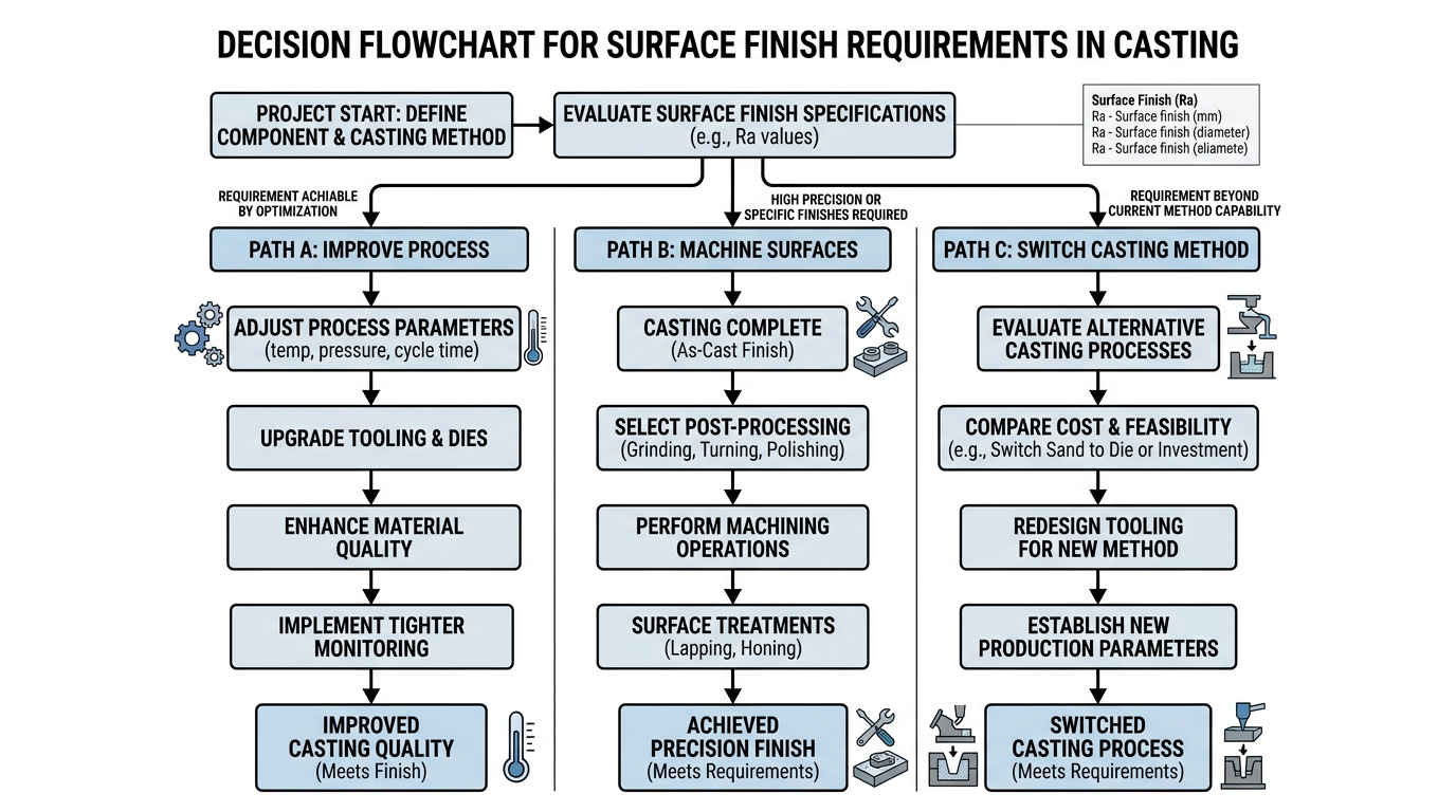 Why Sand Casting Surface Finish Is Rough and How to Improve It 4 Decision diagram for choosing between improving sand casting surface finish, machining critical surfaces, or switching to a different casting process