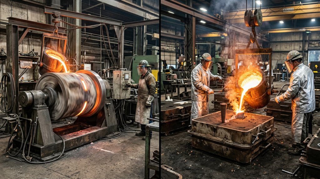 Side-by-side comparison of centrifugal casting machine spinning molten metal and sand casting mold being poured in a foundry