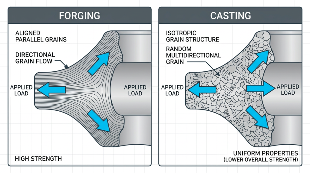 Diagram comparing directional grain flow in forged metal versus isotropic grain structure in sand casting