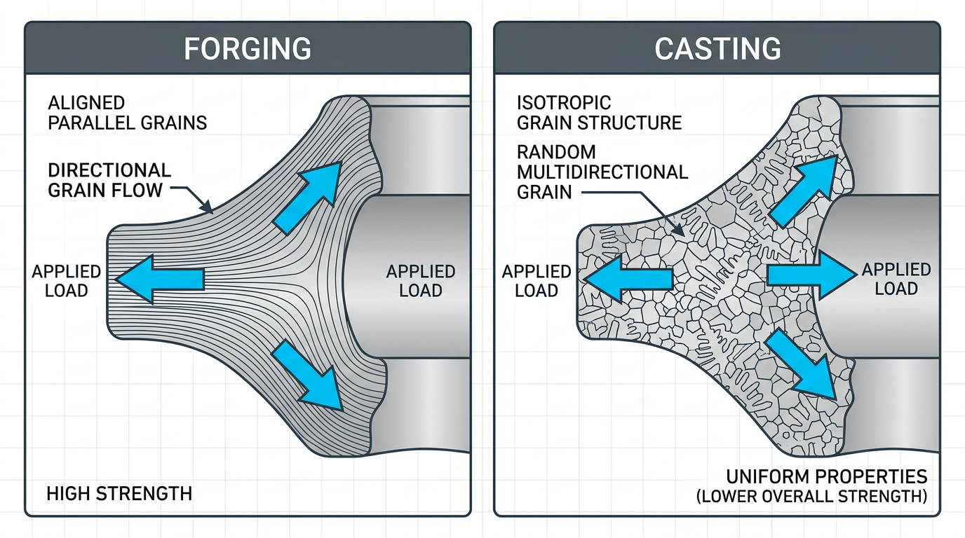Diagram comparing directional grain flow in forged metal versus isotropic grain structure in sand casting