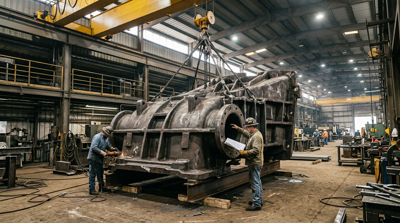 Large single-piece industrial casting demonstrating the geometry advantage of sand casting vs forging for complex parts