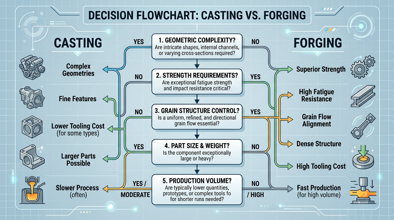 Sand casting vs forging decision flowchart with five engineering variables for process selection