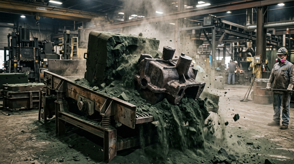 Sand mold broken apart during shakeout to reveal a raw iron casting, demonstrating why sand mold reuse is impossible