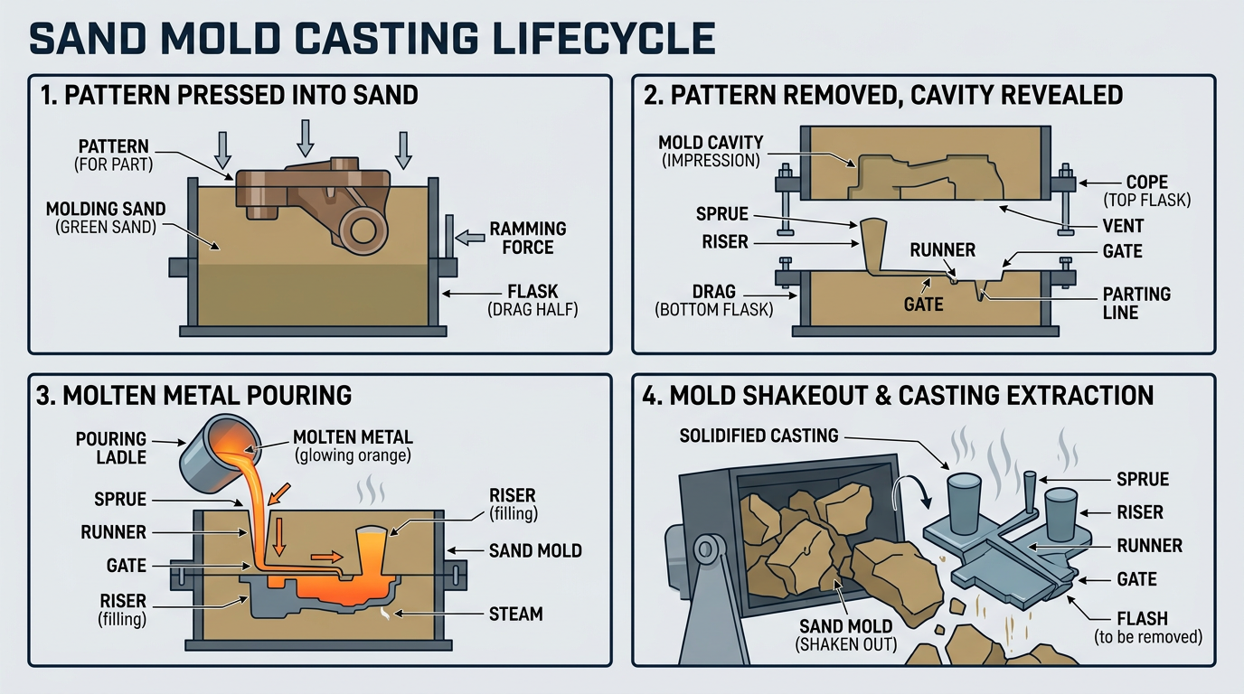 Sand mold lifecycle diagram showing how a reusable pattern creates single-use sand molds for each casting cycle