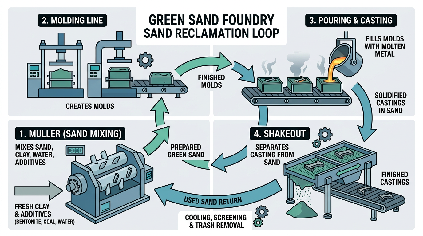 Sand reclamation loop diagram showing how foundry sand is recycled through the system while each sand mold is used only once
