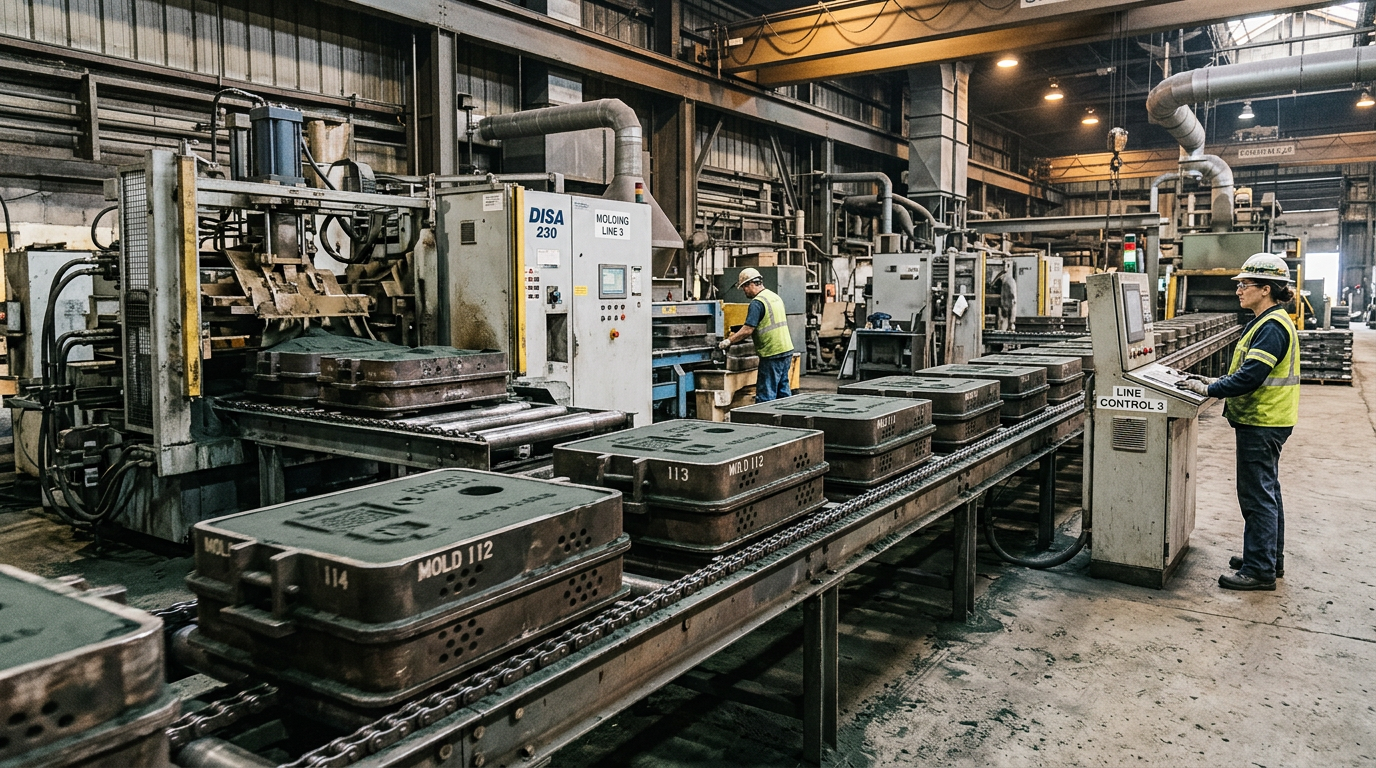 Automated green sand molding line producing hundreds of sand molds per hour for single-use casting cycles