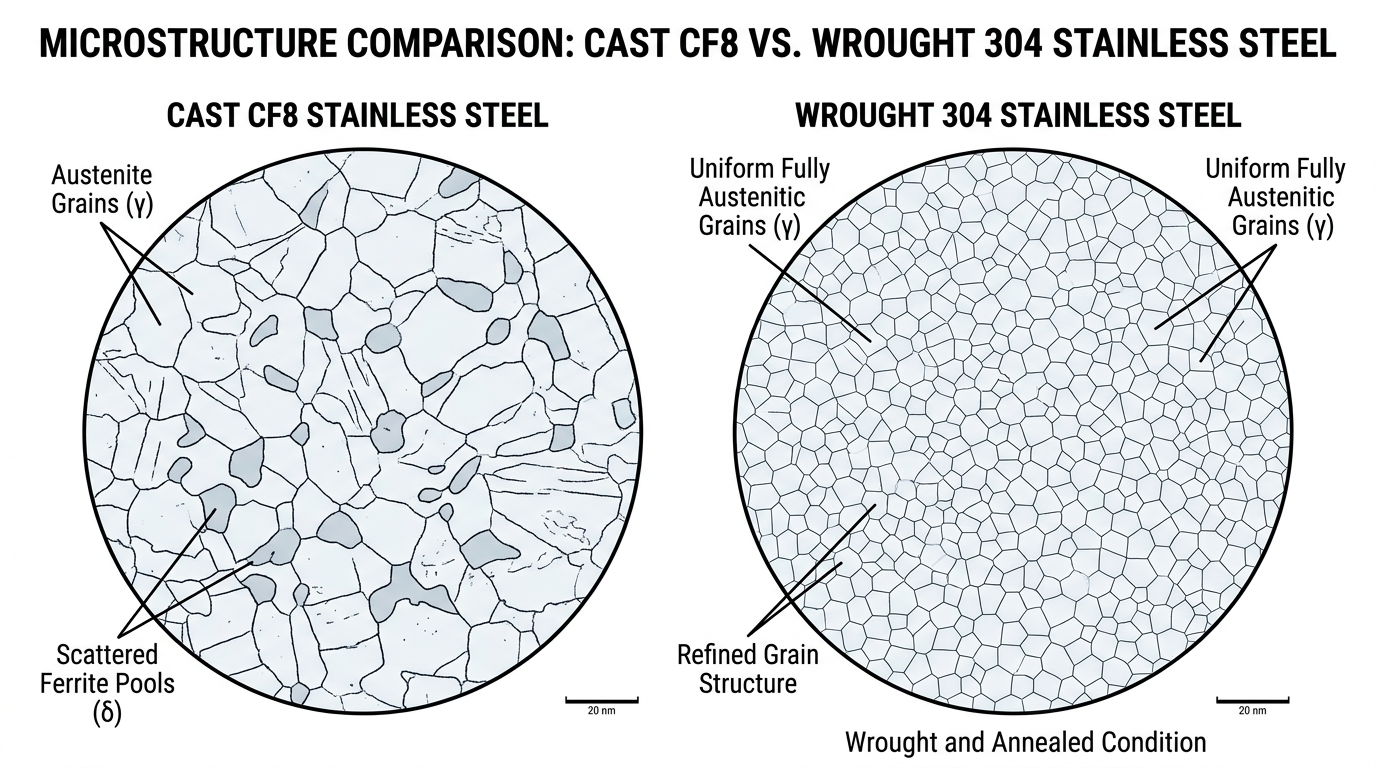Microstructure comparison diagram showing delta-ferrite pools in cast stainless steel CF8 versus fully austenitic wrought 304