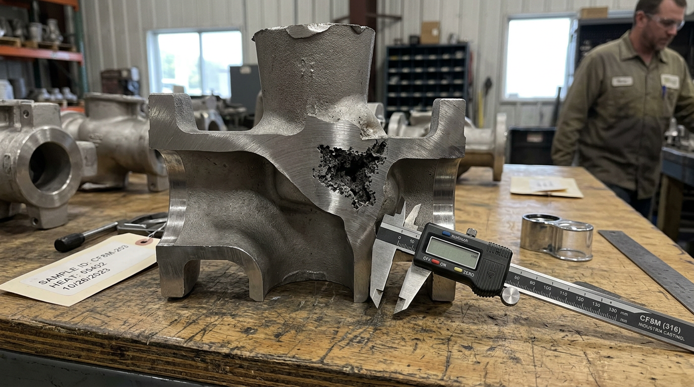 Sectioned cast stainless steel CF8M part showing internal shrinkage porosity defect near the riser connection area