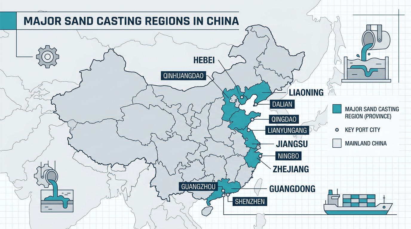 Map of China sand casting factory regions showing major foundry clusters and export port locations