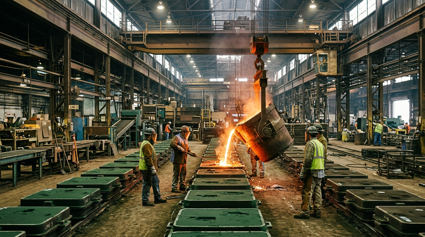 Sand casting factory production floor with molten metal pouring operation typical of large China sand casting factories