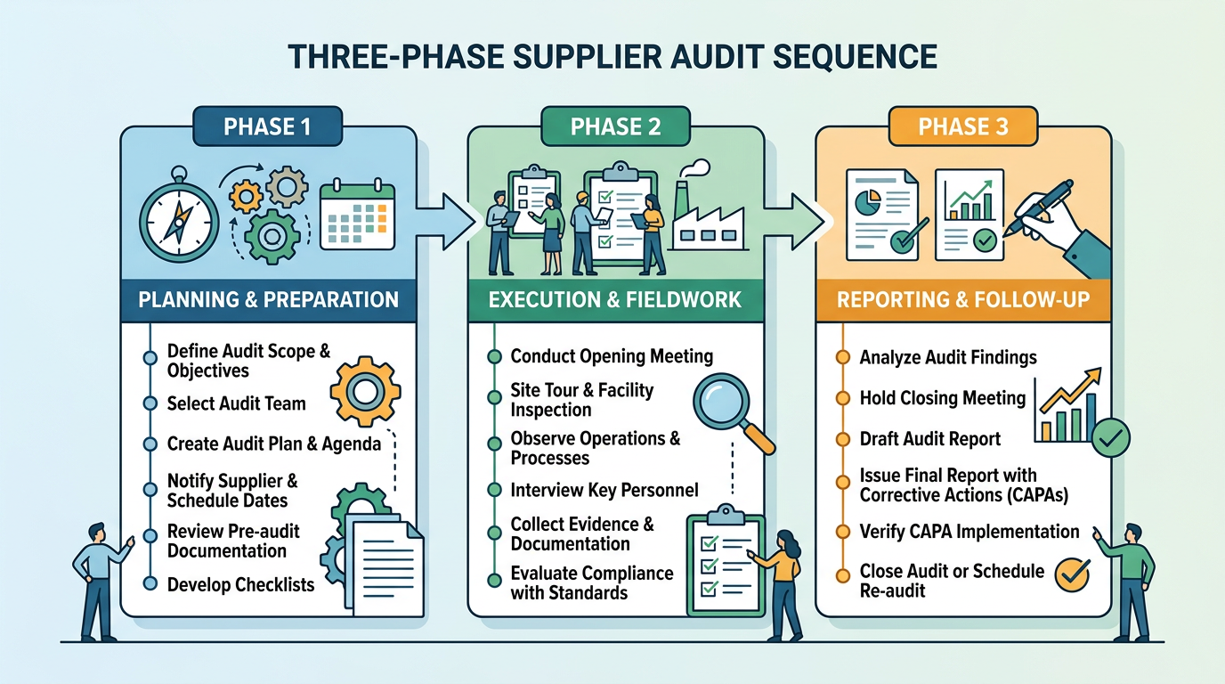 Three-phase supplier audit workflow for qualifying China sand casting factories before committing to production