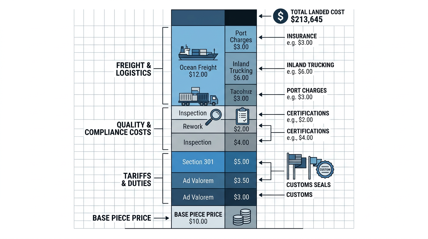 Total landed cost breakdown showing how tariffs and hidden costs stack on top of China sand casting factory piece prices