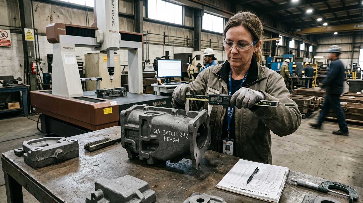 Quality inspector measuring sand casting dimensions during first article inspection at a China sand casting factory