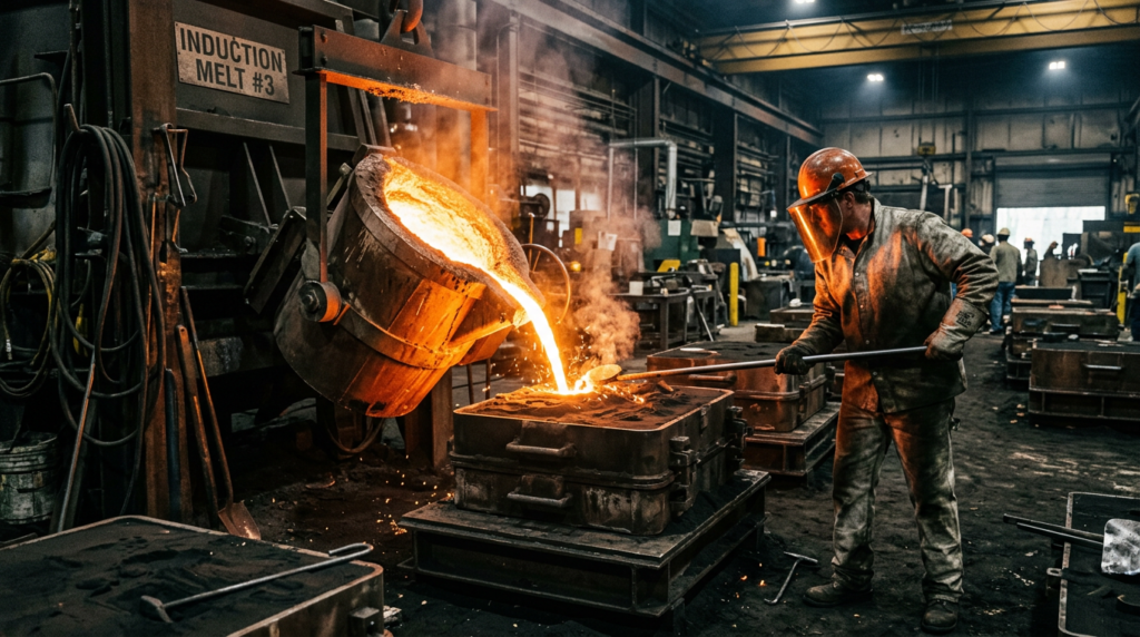 Molten alloy pour at a sand casting company foundry with induction furnace and sand mold