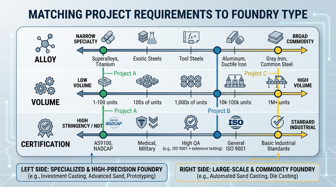 Top 10 Sand Casting Companies for Custom Projects 2 Sand casting company selection diagram matching alloy, volume, and certification requirements