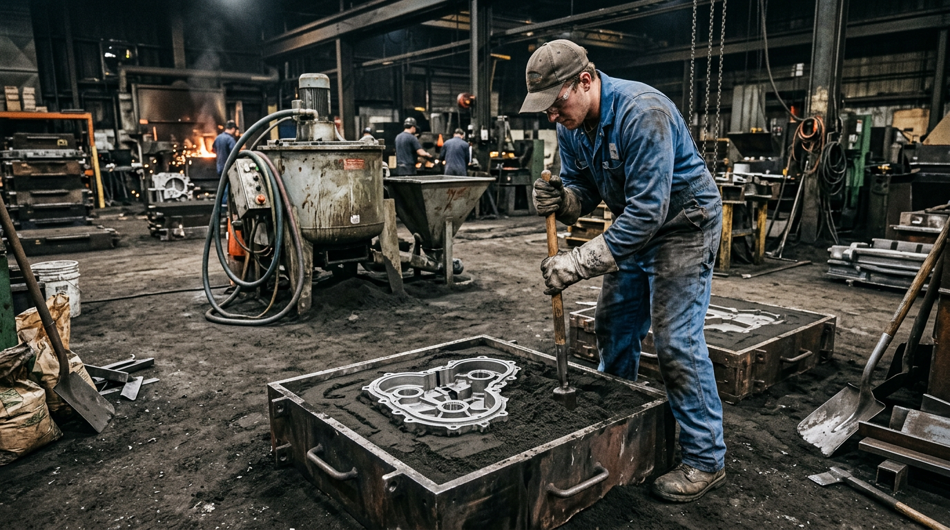 Resin sand casting mold curing around a metal pattern in a no-bake foundry operation