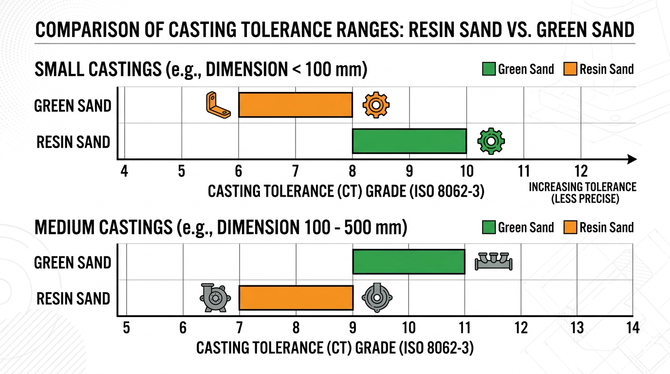Resin sand casting tolerance comparison showing CT grade ranges versus green sand by casting dimension