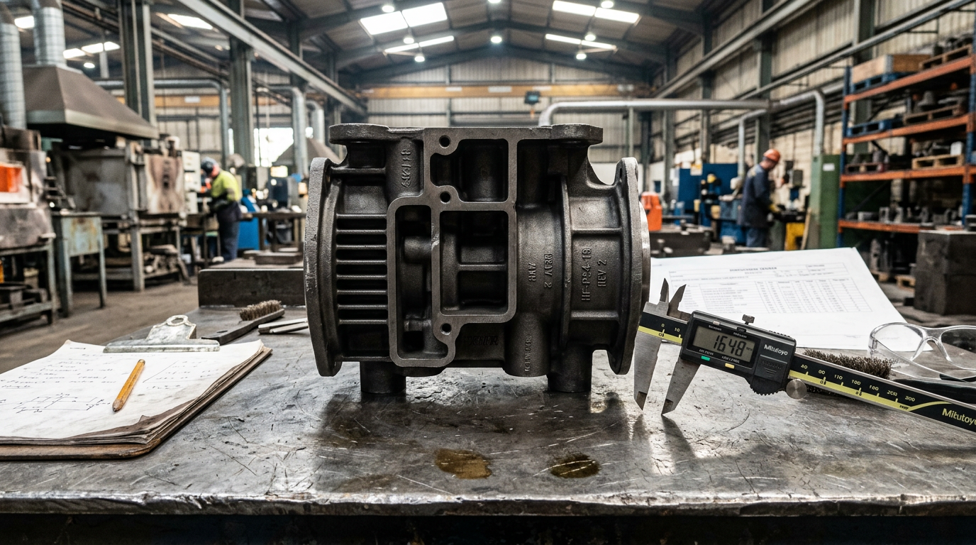 Complex resin sand casting with thin walls and deep pockets showing smooth as-cast surface finish
