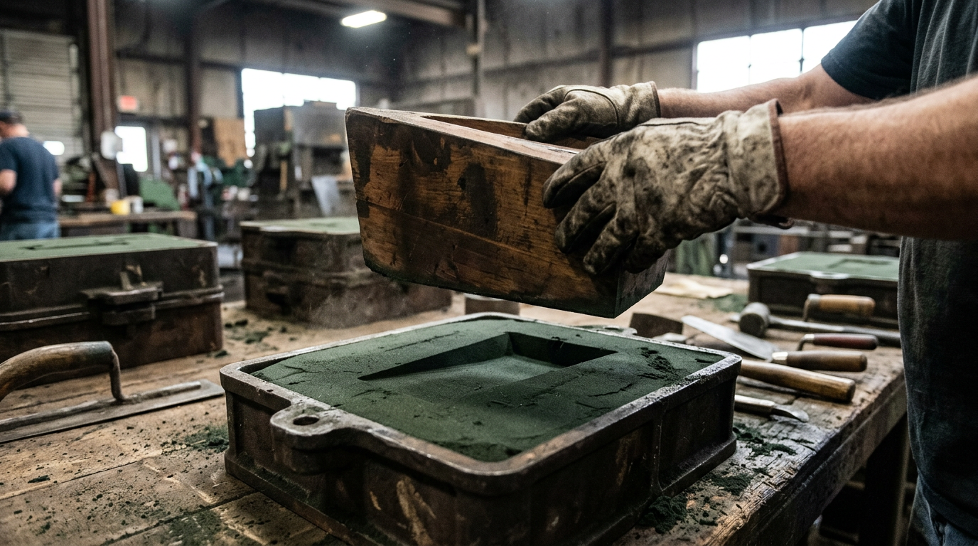 Wooden sand casting pattern being removed from a green sand mold showing draft angle taper on vertical walls