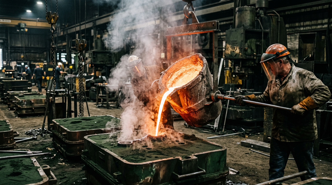 Molten metal being poured into a sand casting mold through the sprue opening during the foundry pouring stage
