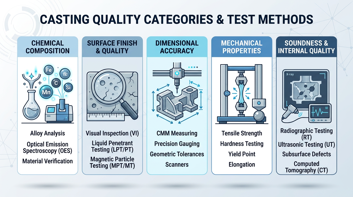 ASTM Standards for Sand Casting Quality: A Lifecycle Reference 2 Five quality confirmation categories for ASTM standards sand casting inspection methods