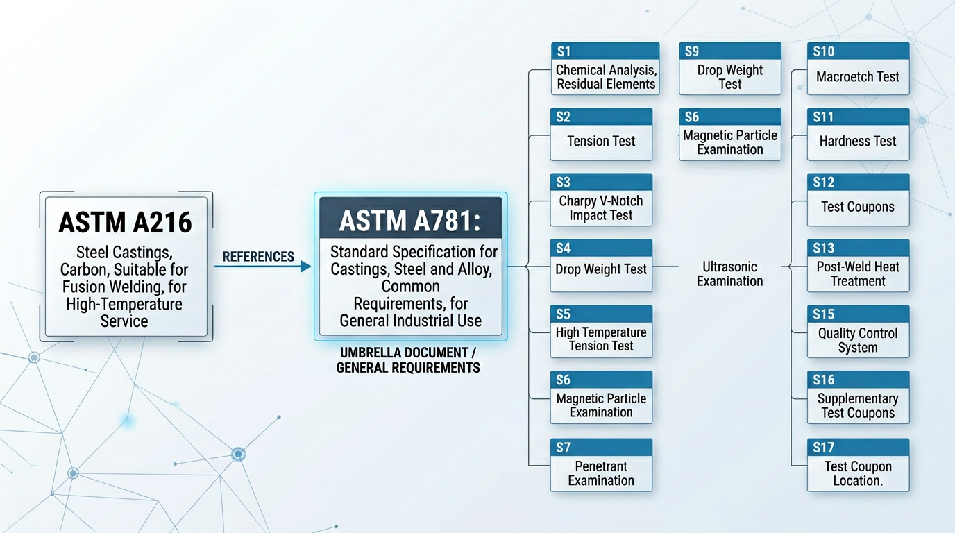 ASTM Standards for Sand Casting Quality: A Lifecycle Reference 5 ASTM standards sand casting dependency chain showing how A216 invokes A781 supplementary requirements